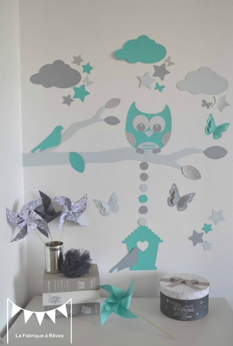 Décoration et linge de lit bébé turquoise gris et pétrole hibou ...
