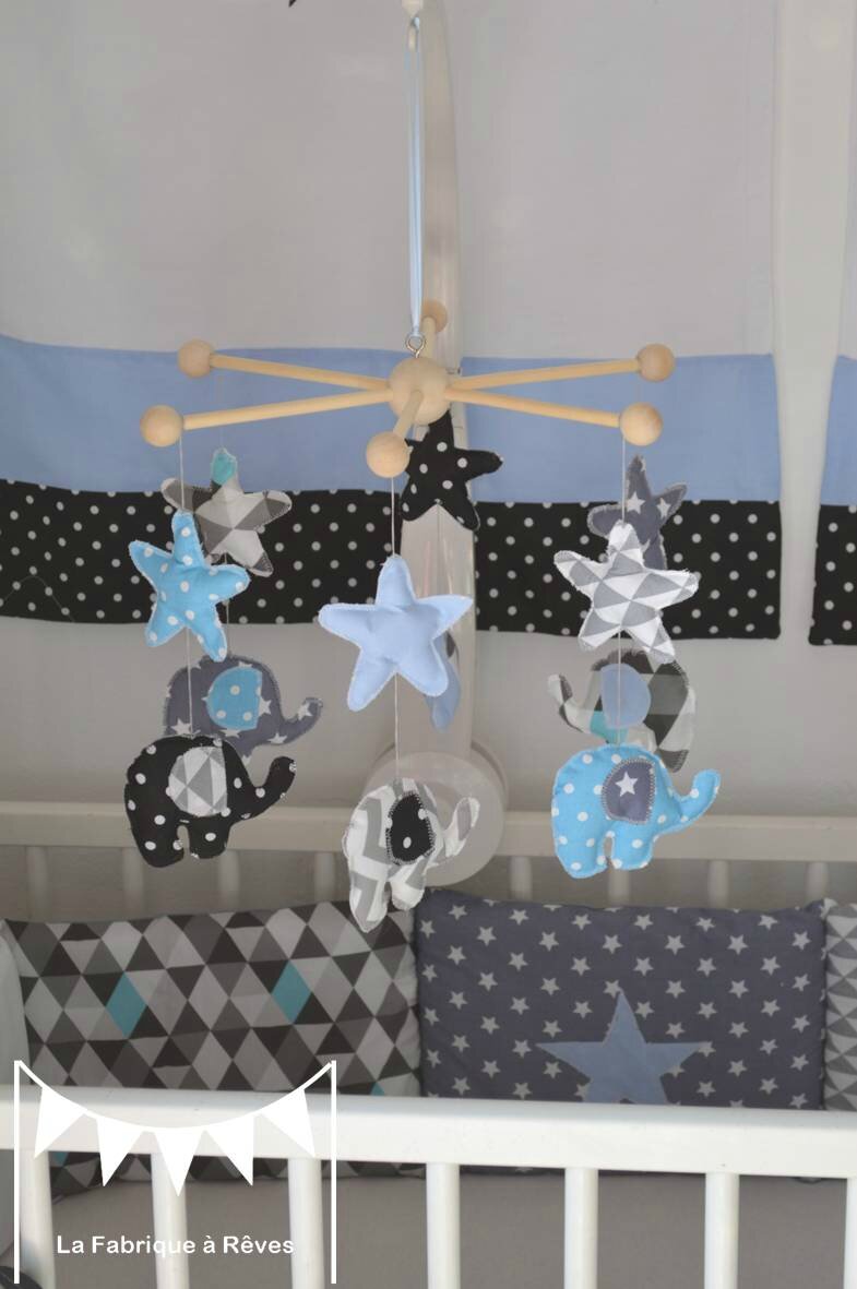 Décoration chambre enfant bébé bleu gris noir éléphant formes ...