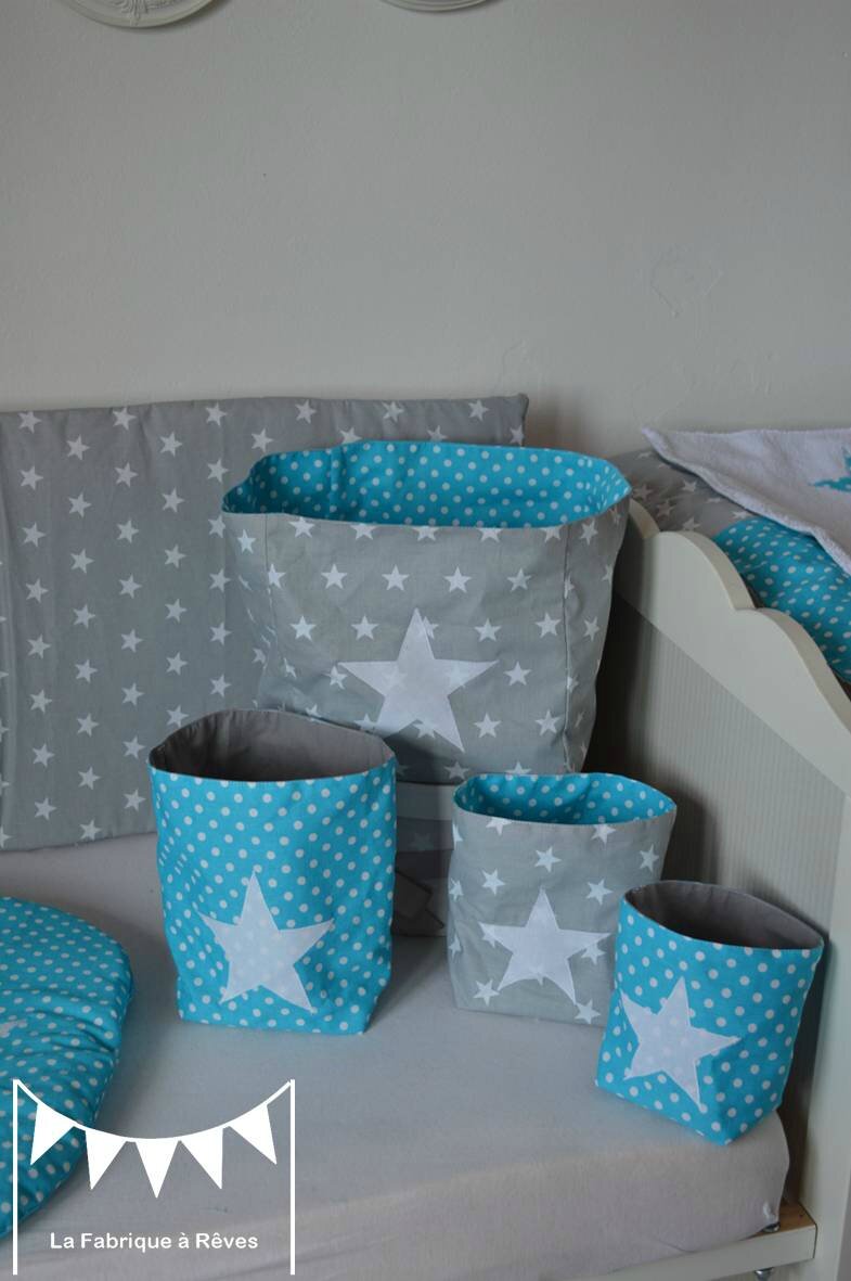 Pochons rangement réversibles chambre bébé garçon turquoise gris ...