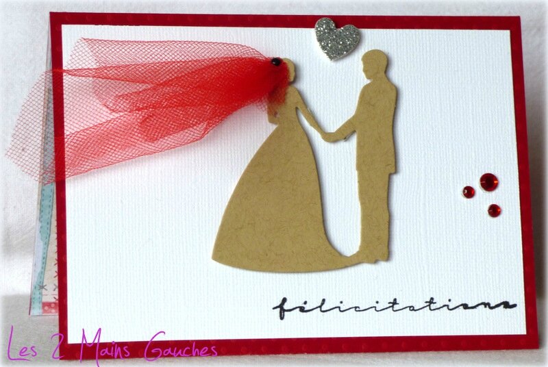 carte de félicitations de mariage avec couple de mariés et voile rouge