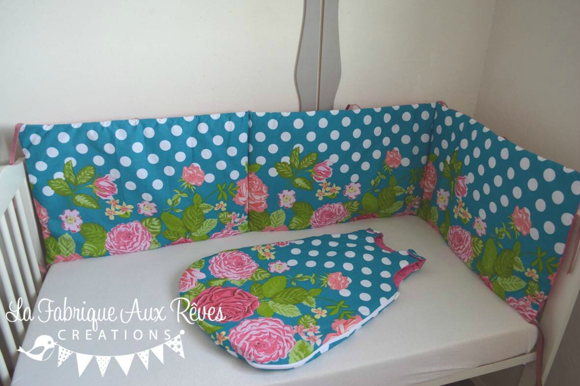 Linge lit tour lit gigoteuse turbulette fille fleurs pois pétrole ...