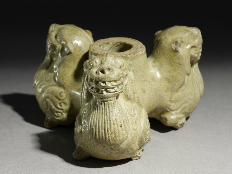 Greenware stand in the form of three lions, Yue kiln-sites, late 5th century - early 6th century AD , Six Dynasties Period (AD 221 - 589)
