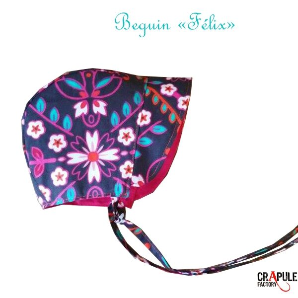 Beguin / bonnet bébé boheme original retro chic fleur rose bleu marron naissance 6 mois 1 an - crapule factory www.crapule-factory.com