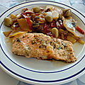 Pavés de saumon et fricassée de légumes aux olives vertes