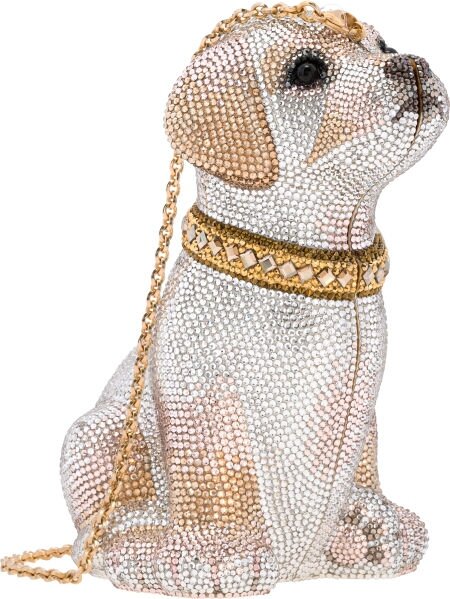Judith Leiber Full Bead Silver Crystal Puppy Minaudiere Evening Bag