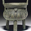 A small bronze ritual tripod food vessel, ding, Late Shang dynasty, 12th-11th century BC