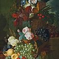 Jan van os (middelharnis 1744-1808 the hague), still life of flowers and fruit