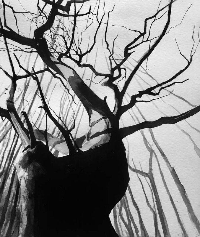 Arborescence vers l’infini, encre de Chine, 20 avril 2020