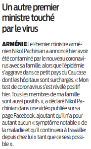 2020 06 02 SO Un autre ministre touché par le virus Arménie