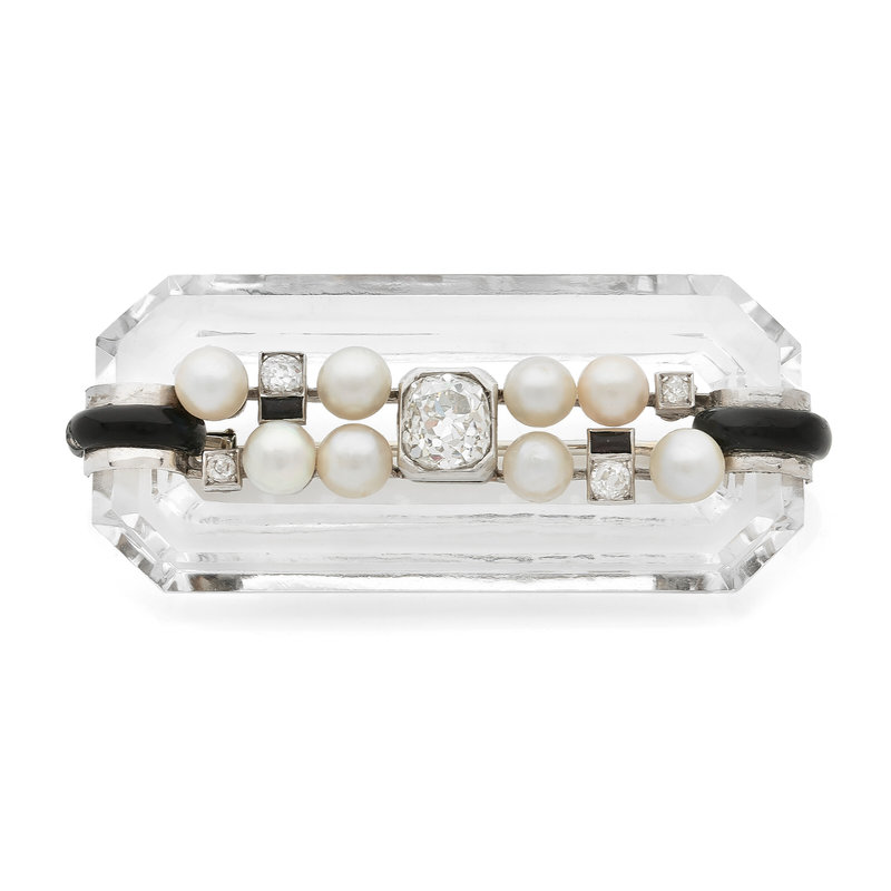 RENÉ BOIVIN BROCHE ART DÉCO PERLES FINES, CRISTAL DE ROCHE, ÉMAIL ET DIAMANTS