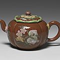 Teapot with symbols of longevity, yixing earthenware, painted enamel, qing dynasty, kangxi reign, 1662-1722
