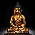A fine and rare gilt- and red-lacquered wood figure of buddha shakyamuni, yuan-ming dynasty