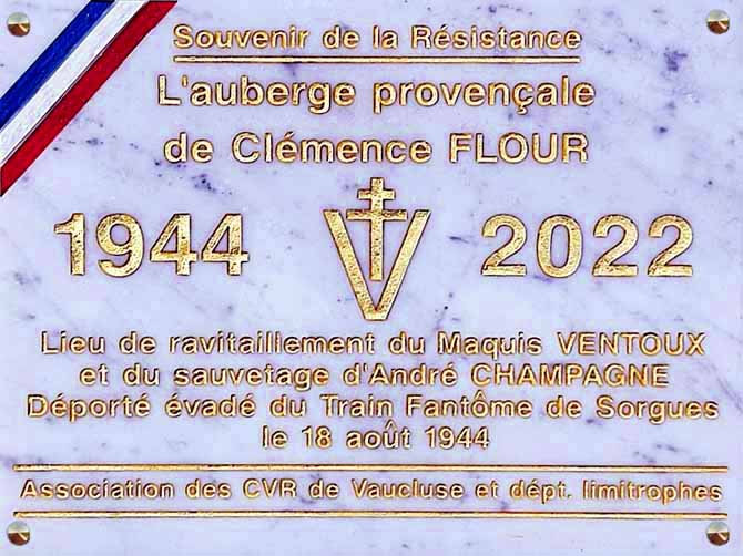 Samedi 16 avril 2022 à Crillon-le-Brave: inauguration de la plaque-souvenir de la Résistance à l'auberge provençale
