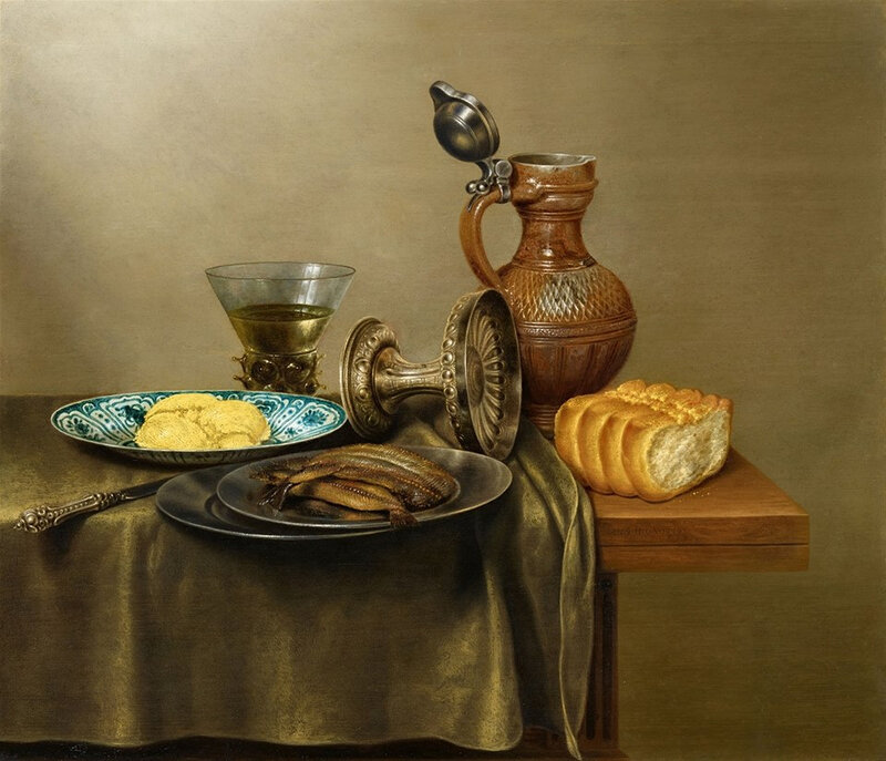 Gerret Willemsz. Heda (1625 Haarlem - 1702 Haarlem), Still life with herring, roman, wanli dish and a bread. Oil on wood. 58 x 68 cm. Signed and dated lower right: Gerret Heda 1646