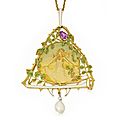 18 karat gold, enamel, pink sapphire, natural pearl and diamond pendant-necklace, lucien gautrait, maison gariod, france