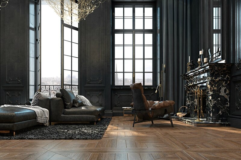 Abandoned-castle-living-room-marble-fireplace-high-French-windows-fleur-de-lis-detail