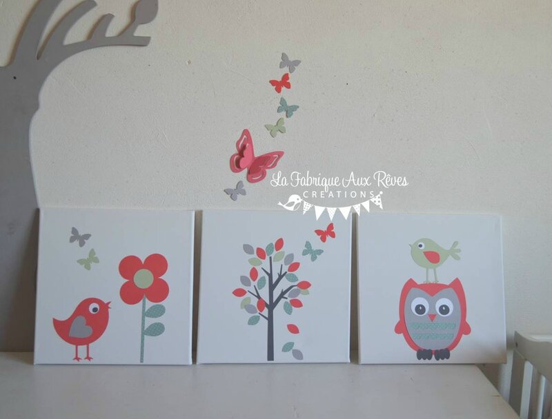 tableaux cadres décoratifs bébé enfant arbre hibou oiseaux mint vert d'eau corail gris - décoration chambre bébé corail vert d'eau gris papillons nichoirs oiseaux