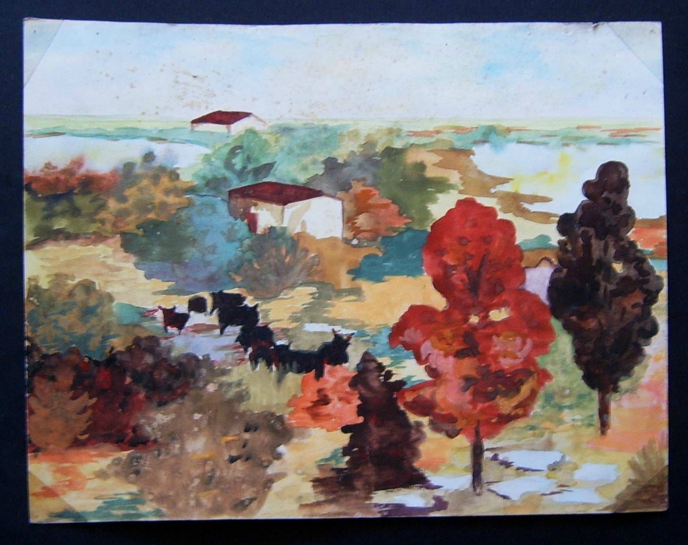 Paysage d'automne adulte Peinture aquarelle - Gamme couleurs chaudes