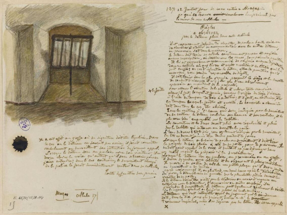 Gautier (Armand), règlement et feêtre de la cellule 17, prison de Mazas