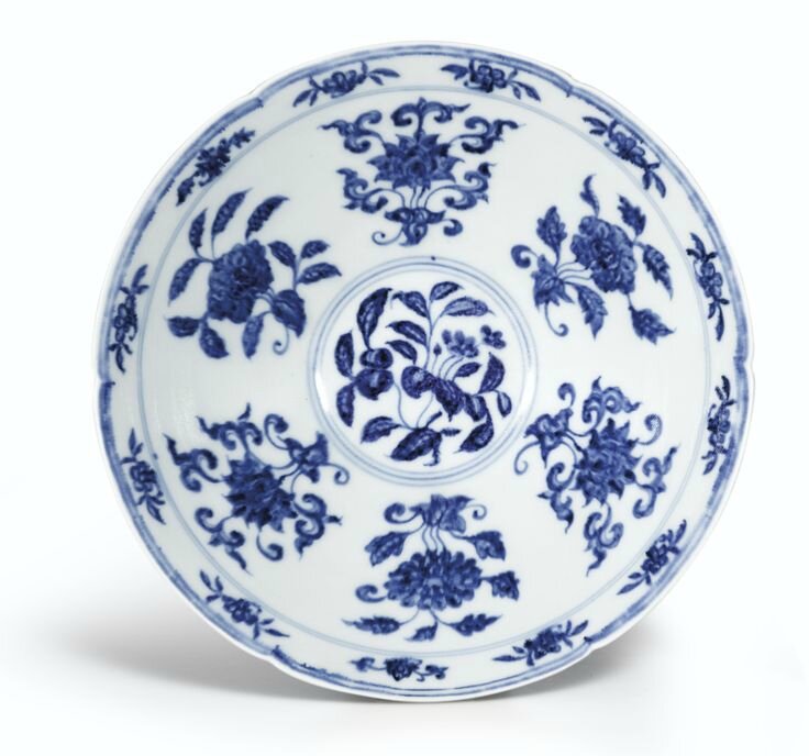 A fine and rare blue and white lobed bowl, Mark and period of Xuande1