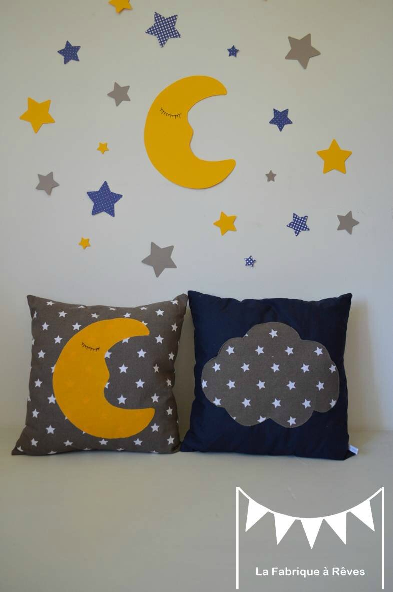 décoration chambre bébé lune étoile nuage jaune bleu marine taupe blanc 8