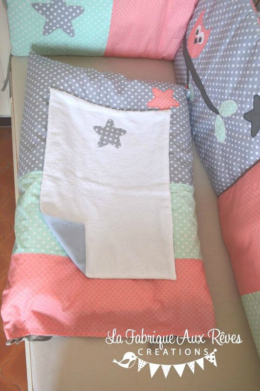 housse matelas à langer étoiles corail menthe mint gris foncé gris clair - linge lit bébé corail menthe mint gris hibou étoiles