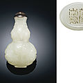 An imperial mughal-style white jade double-gourd-form snuff bottle, qianlong incised four-character seal mark and of the period 