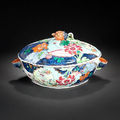 A famille rose 'tobacco-leaf' oval tureen and cover, qianlong