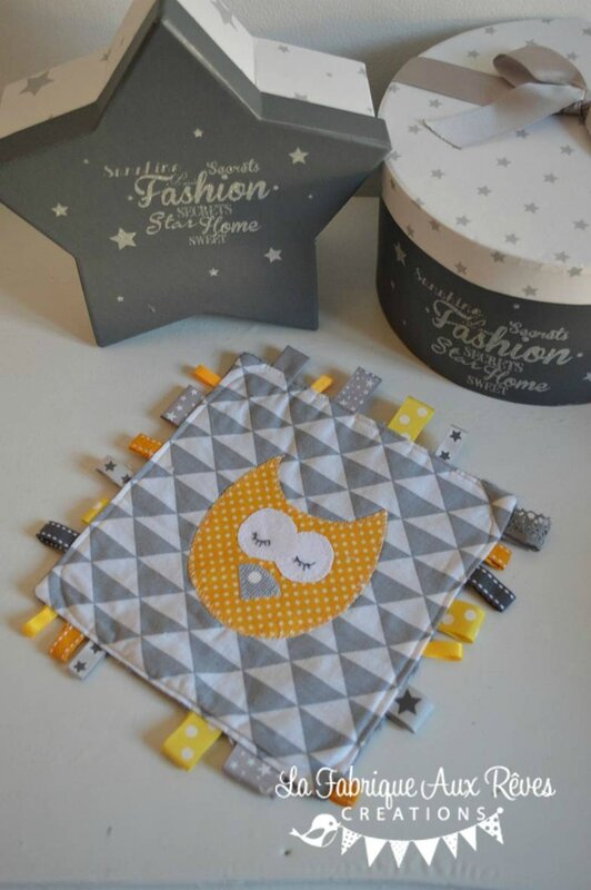 doudous étiquettes jaune gris hibou chouette étoiles pois - cadeaux naissance gris jaune