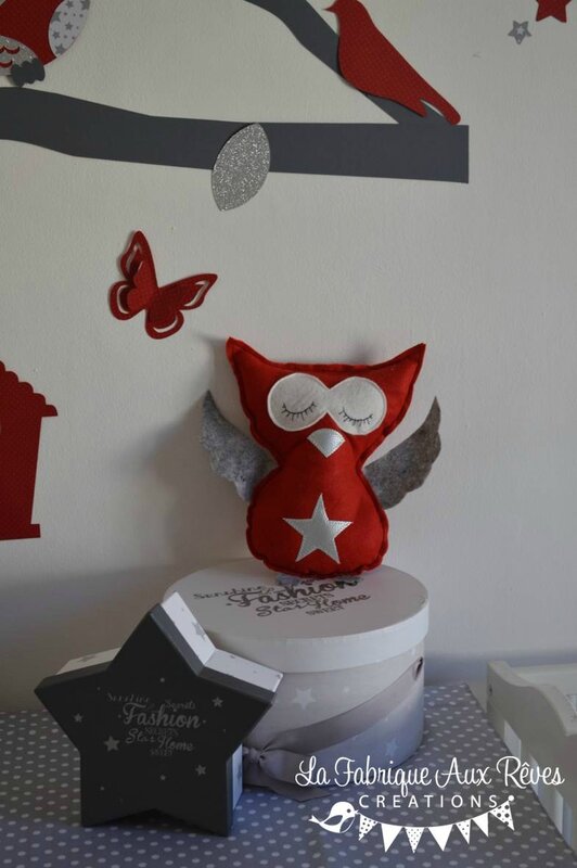 doudou peluche coussin hibou chouette rouge gris argent 2