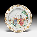 A european style plate with a rural harvest scene in the colours of the famille rose and gold, 2nd quarter of 18th century