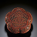 A cinnabar lacquer 'chun' peach-shaped box and cover, qing dynasty, qianlong period (1736-1795)
