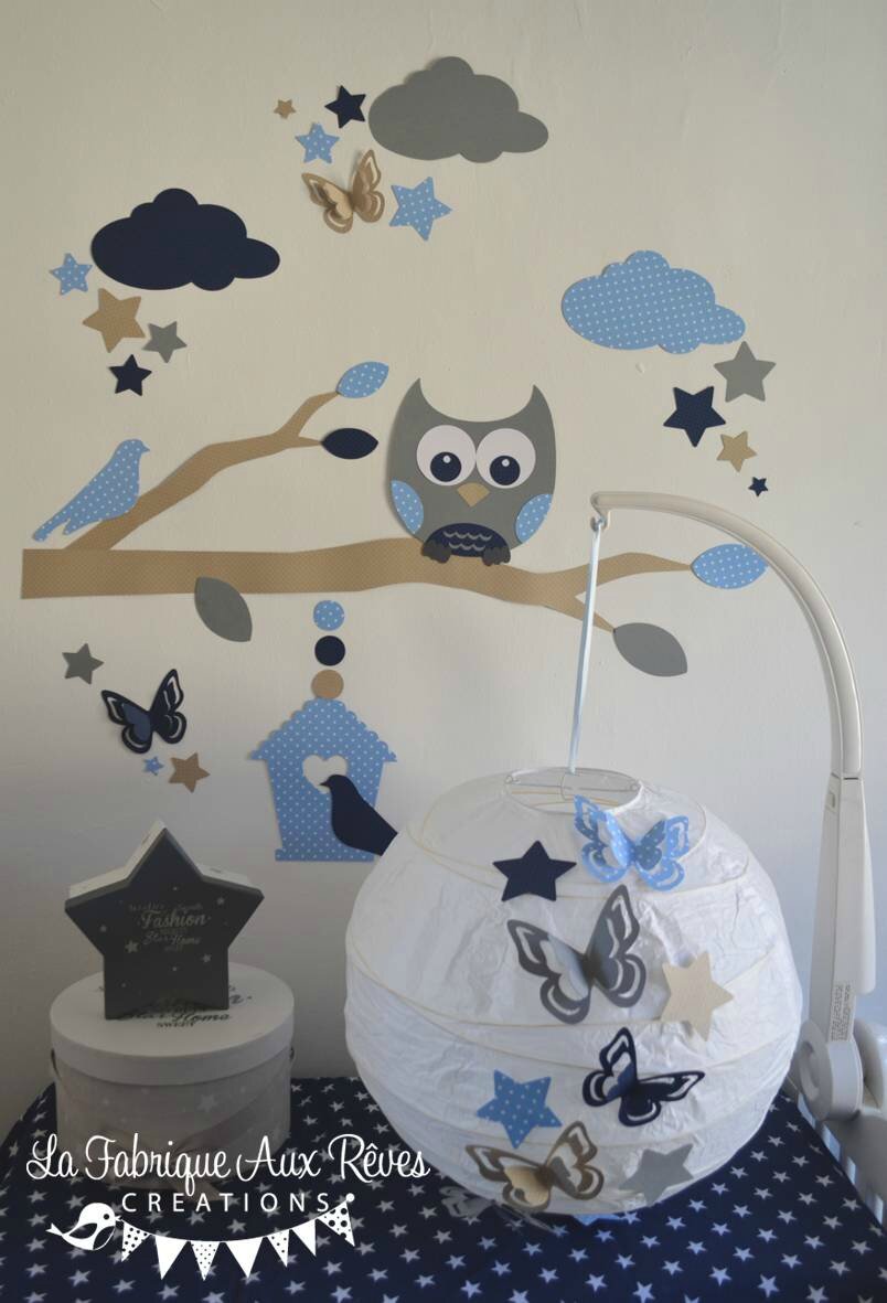 décoration chambre enfant bébé garçon hibou chouette branche nuage étoiles nichoir bleu marine ciel craft gris
