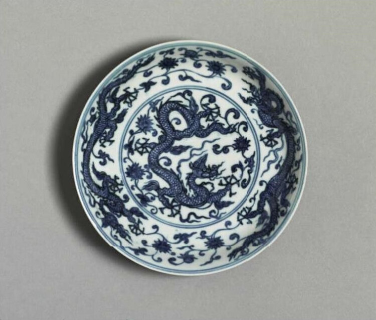 Dish with dragons amid lotus scrolls, Chenghua mark and period (1465-1487), 19