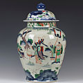 A large chinese wucai porcelain jar and cover, transitional period, mid-17th century