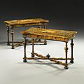A pair of italian ivory, mother-of-pearl, pewter and fruitwood inlaid walnut, ebony marquetry and parquetry console tables