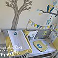 décoration chambre bébé chouette hibou arbre oiseau nichoir bleu ciel jaune bleu pétrôle canard gris 2