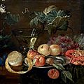 Jan van kessel (1626-1679), nature morte aux raisins, pêches et crustacés