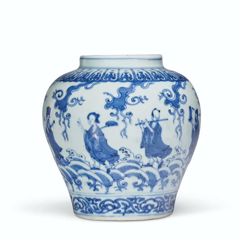 A small blue and white 'Daoist immortals' jar, Wanli six-character mark in underglaze blue within a double circle and of the period (1573-1619)