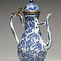 Ewer with foliate panels, porcelain with underglaze blue and french ormolu mounts. porcelain: 1675-1725; mounts: early 18th cent