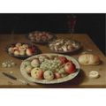 Osias beert the elder, still life on a plain wooden table: a large wanli porcelain dish of fruit, a pewter dish of fruit, ...