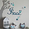 stickers prénom garçon pétrole turquoise hibou étoiles - décoration chalbre bébé garçon turquoise pétrole gris hibou étoiles