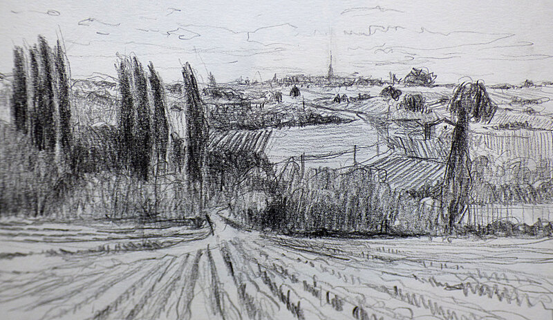 Vers St Emilion, 5 aout 2017, 16h26, mine de plomb sur papier, 28 x 18 cm