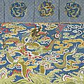 A large silk table frontal embroidered with three imperial dragons amongst clouds. chinese, qianlong period, 1736-1795