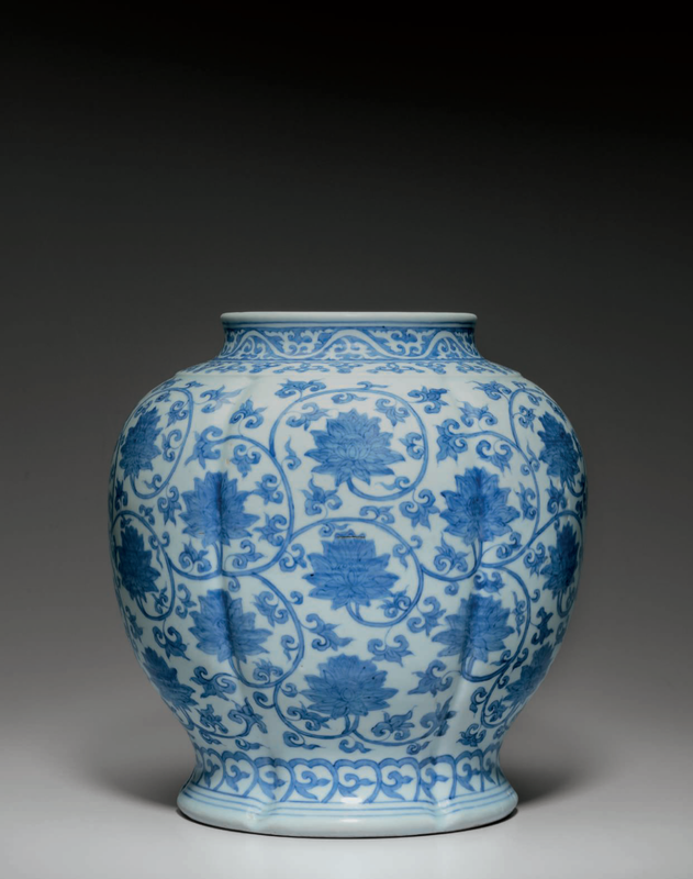 A large blue and white lobed jar, Jiajing six-character mark in ...