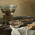 Pieter claesz. (dutch, about 1597–1660), still life with silver brandy bowl, wine glass, herring, and bread, 1642