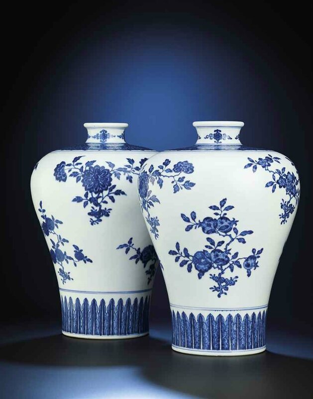 A fine pair of ming-style blue and white vases, meiping, Qianlong six-character sealmarks and of the period (1736-1795) 