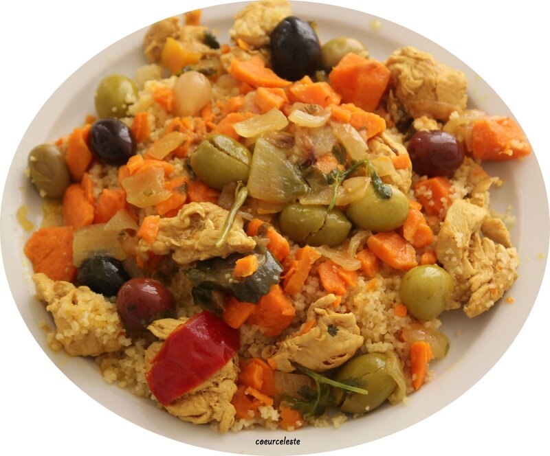 Tajine de poulet, patates douces et olives. Au coeur Céleste