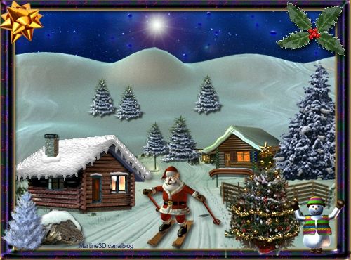 013 carte voeux joyeux noel bonhomme neige châlet houx sapins ski