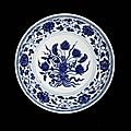 A small blue and white 'lotus bouquet' saucer dish. qianlong seal mark and of the period